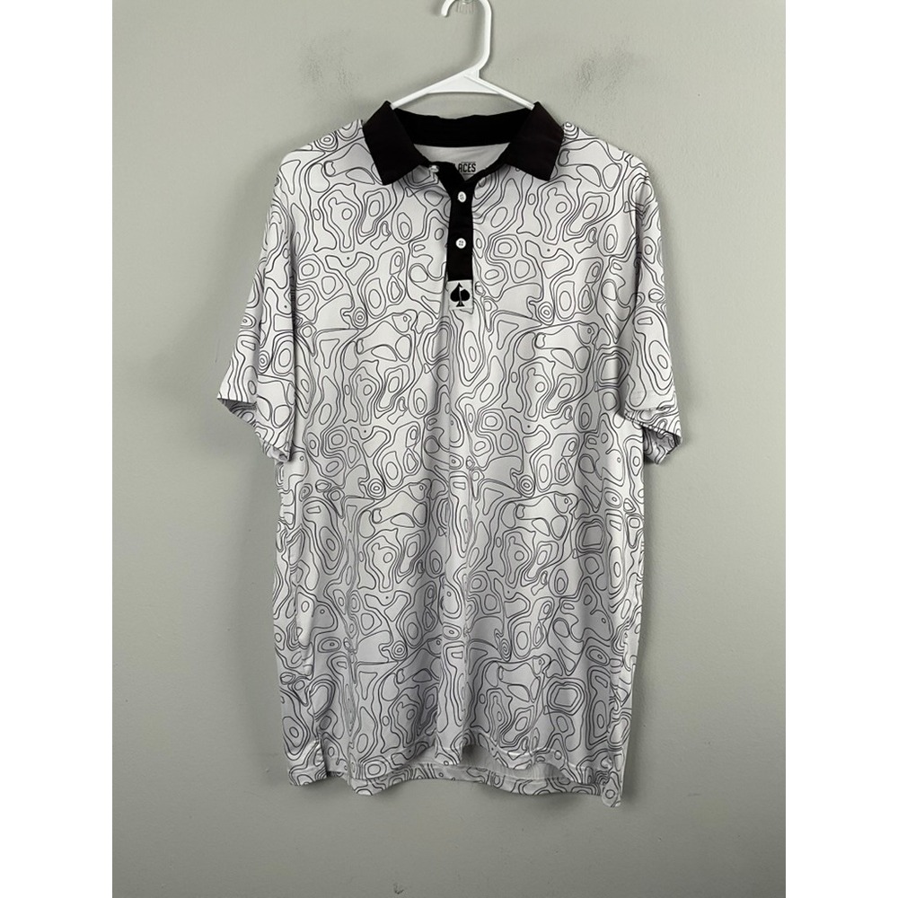 Pins and Aces Golf Polo Shirt Mens‎ XL Topographic Map Print Black White Short